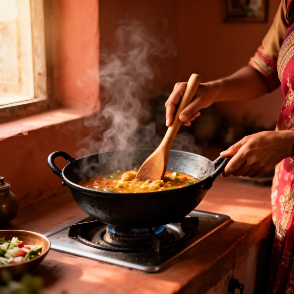 Hands stirring a kadhai with steam rising