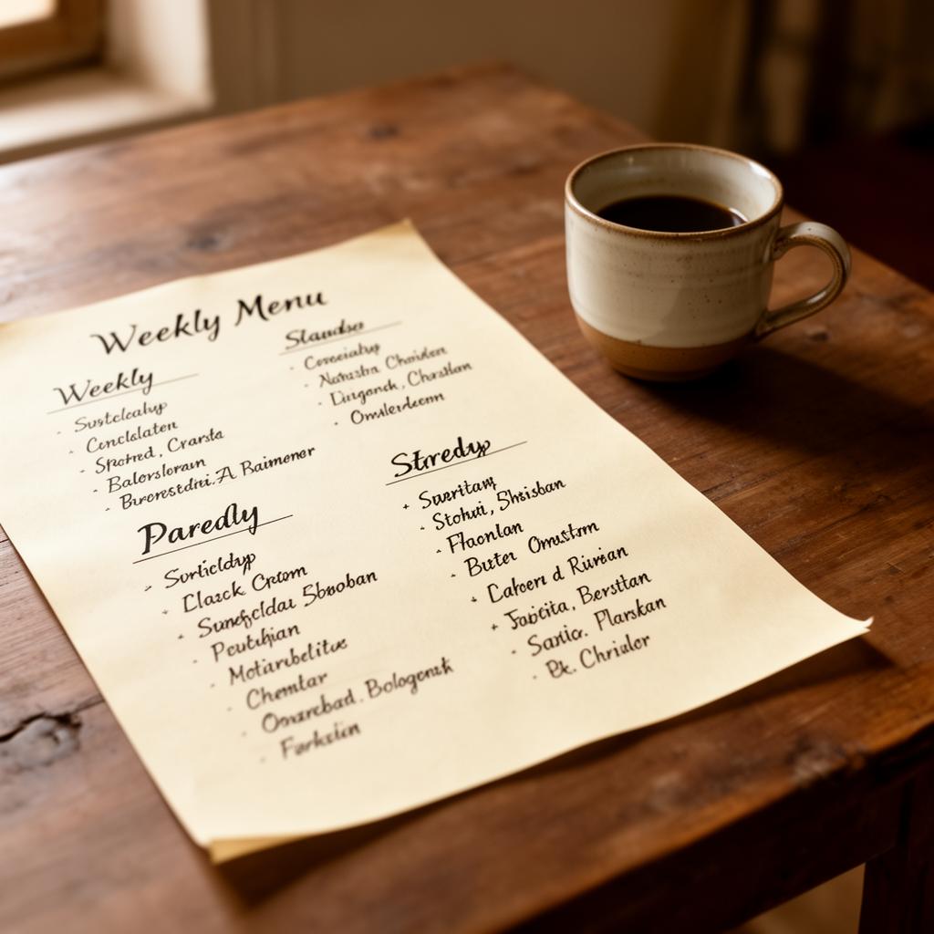 Handwritten weekly menu beside a coffee cup